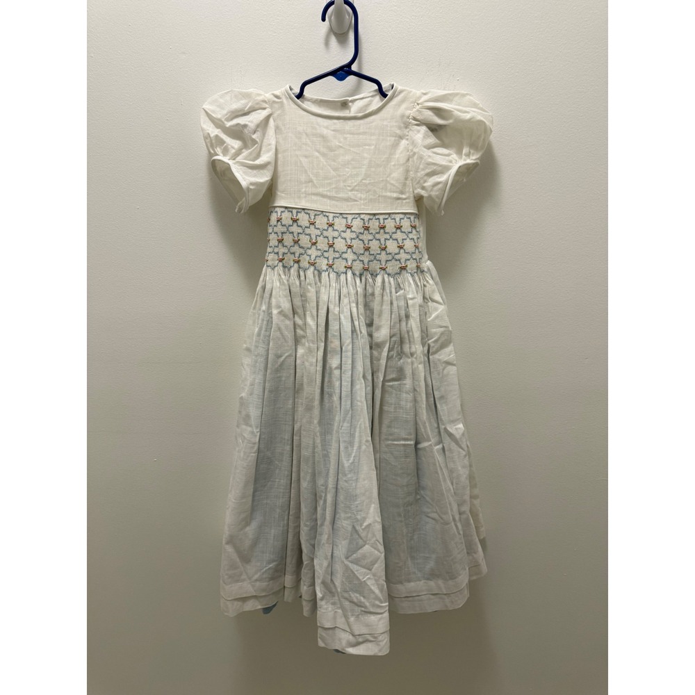 Handmade Vintage Smocked Heirloom Dress White Blue Floral Puff Sleeve